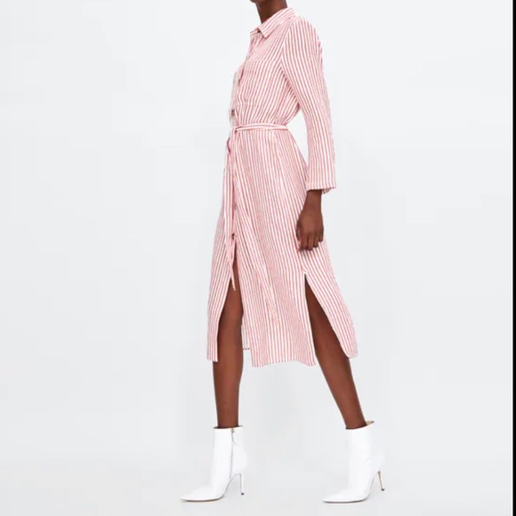 Zara | Red White Stripe Linen Tunic Belted Dress S - Picture 2 of 10